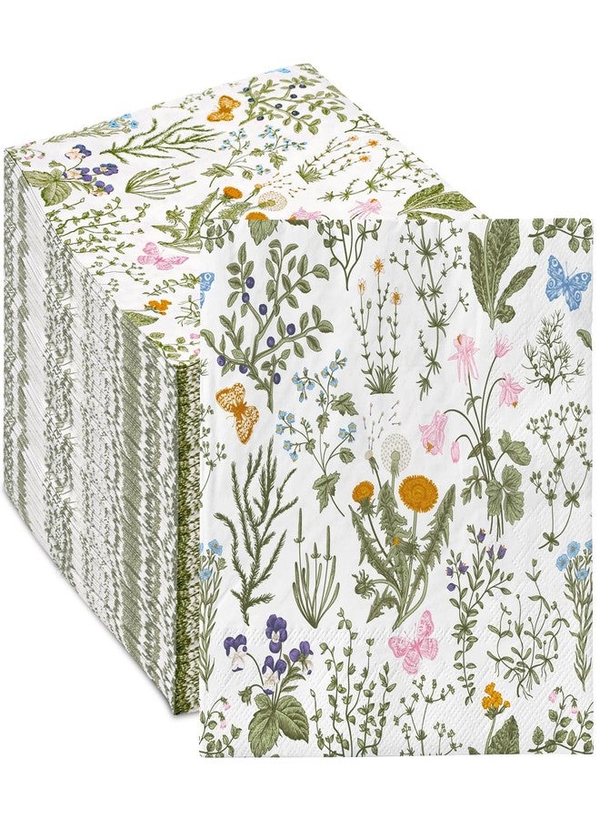 JarThenaAMCS مناديل ورقية خضراء مزخرفة بنقوش زهور برية عتيقة من JarThenaAMCS، 80 قطعة، للاستخدام مرة واحدة، مثالية لتزيين طاولات حفلات الربيع والصيف. - Image 1